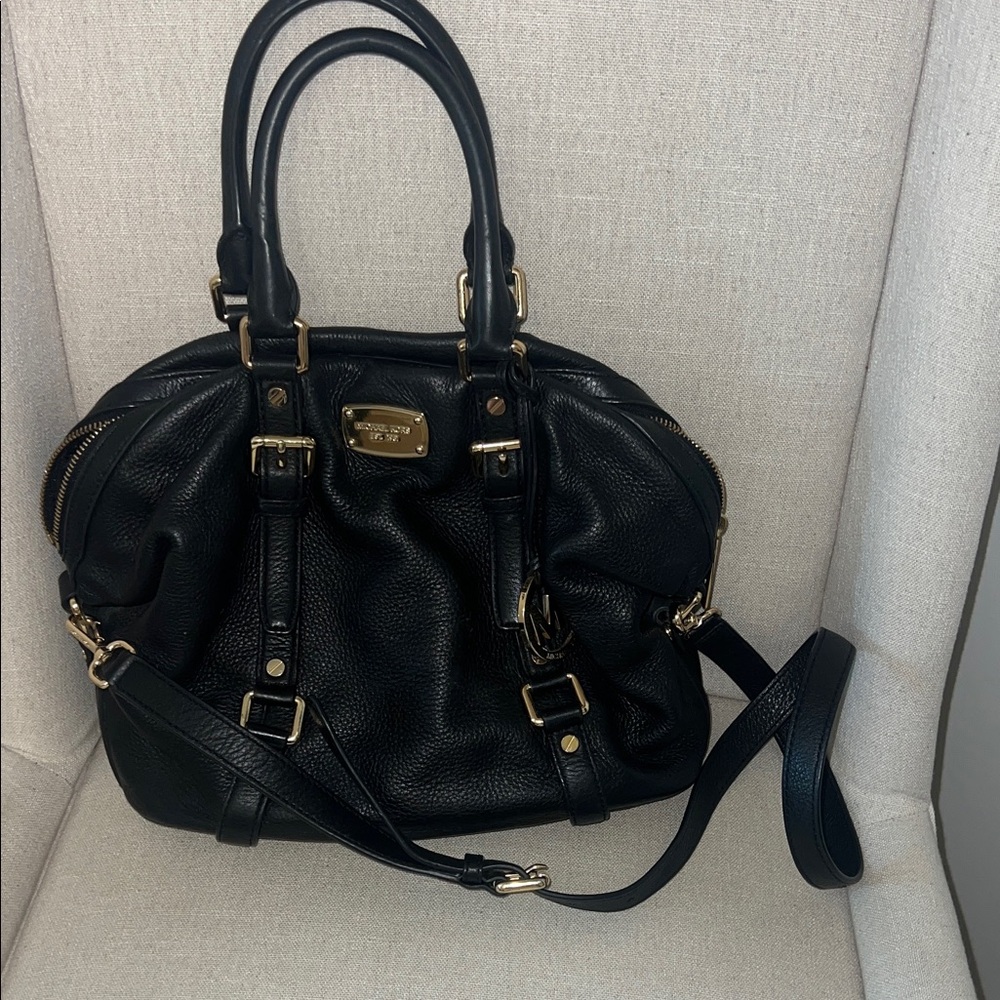 Michael Kors Black Pebbled Leather Satchel with Gold Hardware